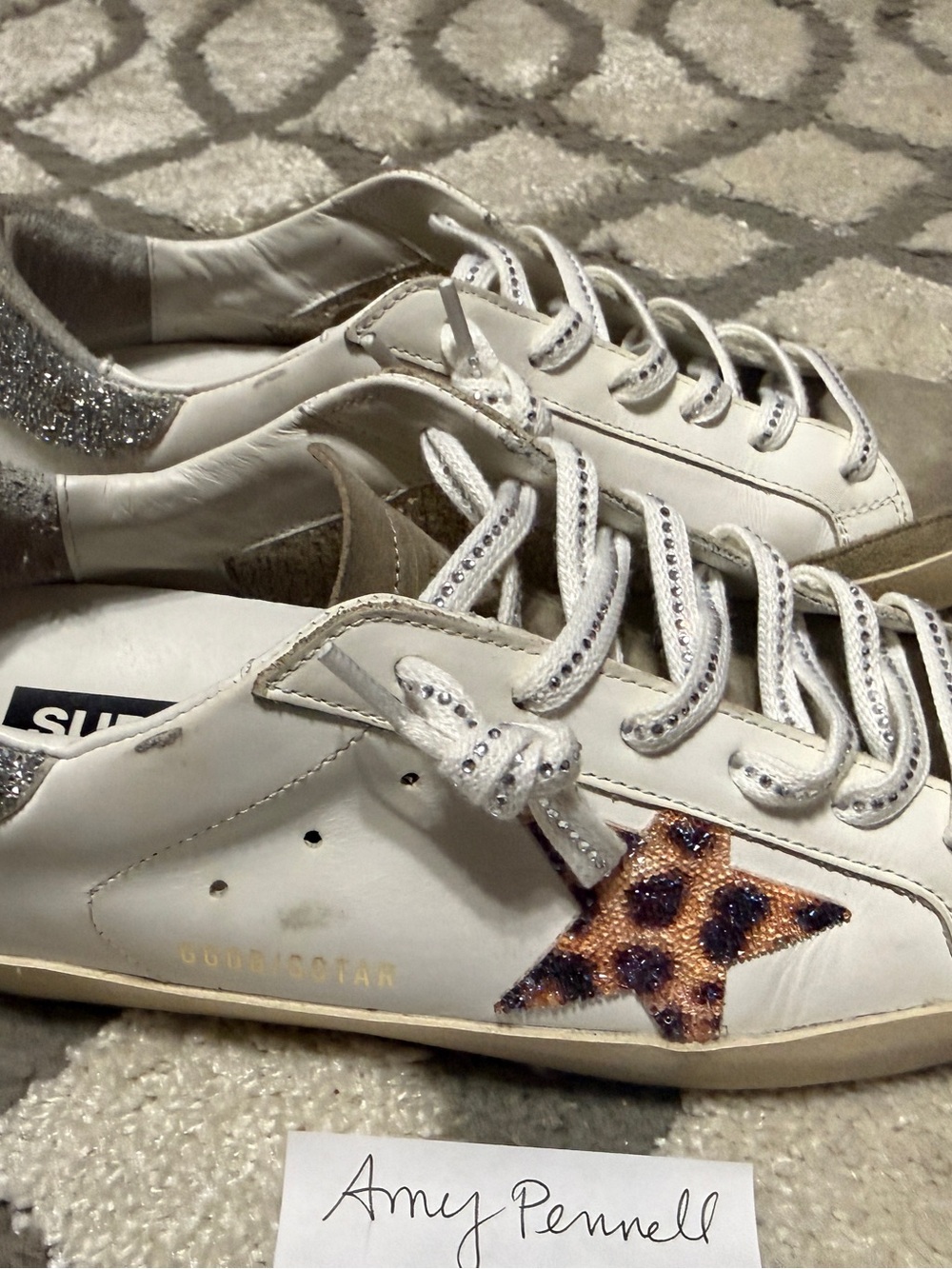 Golden Goose Women's SuperStars Leather Sneakers Swarovski Leopard Star/Heel 38